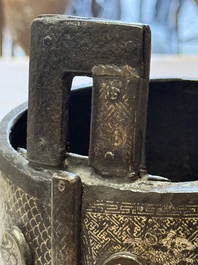 A Korean silver-inlaid iron 'He Lu Tong Chun 鶴鹿同春' tripod censer, Joseon, 18th C.