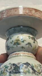 A Chinese polychrome 'Erotic' vase, an iron-red 'Phoenix' jar and a famille verte 'Dragon' stand,  Chun Yi Tang Zhi 春怡堂制 and Tongzhi mark, 19/20th C.