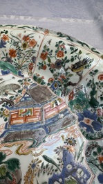 A large Chinese famille verte 'Pavilion with Birds among Flowering Branches' dish, Kangxi