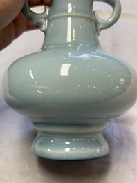 A Chinese claire-de-lune handled vase, with a wooden stand and its original hongmu box, Yongzheng mark, Republic