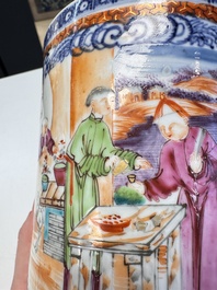 A Chinese famille rose 'Chui Xiao Yin Feng 吹簫引鳳' plate and a Canton famille rose tankard with figural design, Yongzheng/Qianlong