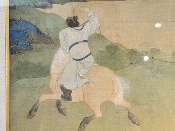 Chinese school: 'Bathing Horses 浴馬圖', ink and colour on silk, 19th C.