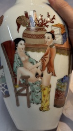 A Chinese polychrome 'Erotic' vase, an iron-red 'Phoenix' jar and a famille verte 'Dragon' stand,  Chun Yi Tang Zhi 春怡堂制 and Tongzhi mark, 19/20th C.