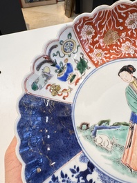 A rare pair of Chinese famille verte lobed plates with elegant ladies, Kangxi
