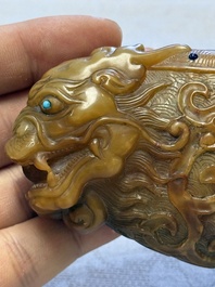 A Chinese precious-stone-inlaid carved soapstone wine vessel on stand, Gong 觥, Republic