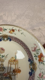 A Chinese famille rose gilt-decorated 'Antiquities' plate, Yongzheng