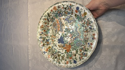 A large Chinese famille verte 'Pavilion with Birds among Flowering Branches' dish, Kangxi
