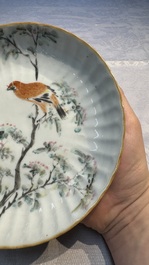 A Chinese qianjiang cai dish and a plate, two famille rose plates and a saucer, Chenghua, Yongzheng and Guangxu marks, 19th C.
