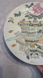A Chinese qianjiang cai dish and a plate, two famille rose plates and a saucer, Chenghua, Yongzheng and Guangxu marks, 19th C.