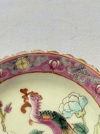 Five Chinese famille rose 'Phoenix and Peony' cups and three saucers for the Peranakan market, Qianlong, Guangxu and Zhou Shunxing 周順興 marks, Republic