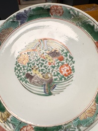 A pair of Chinese famille verte 'cranes' plates, Kangxi