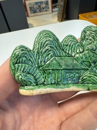 Three Chinese verte biscuit and turquoise-glazed brush rests, Kangxi and later