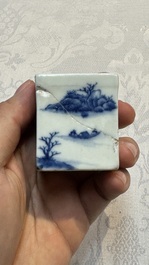 A rare Chinese blue and white 'Mountainous Landscape' writing set with an inkwell, sander and candlestick, Qianlong