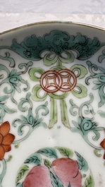 A Chinese qianjiang cai dish and a plate, two famille rose plates and a saucer, Chenghua, Yongzheng and Guangxu marks, 19th C.