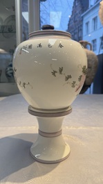 A Chinese famille rose 'Birds among Flowering Branches' eggshell lantern on stand, signed Yuan Qing 元清, dated 1987