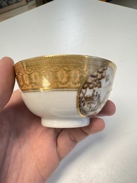 A pair of Chinese gilt-decorated sepia 'Riverscape' cups and saucers, Jiaqing
