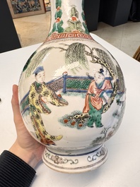 A pair of Chinese famille verte vases with narrative design, 19th C.