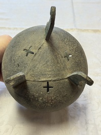 An inscribed Chinese archaic bronze food vessel and stand, You Pan Ding 有盤鼎, Western Zhou