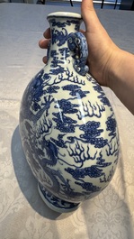 A Chinese blue and white moonflask vase with dragons, 'bianhu', Qianlong mark, Republic