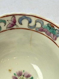 Five Chinese famille rose 'Phoenix and Peony' cups and three saucers for the Peranakan market, Qianlong, Guangxu and Zhou Shunxing 周順興 marks, Republic