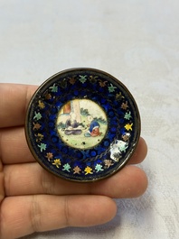 A Chinese Canton enamel 'Prunus on Cracked Ice' spittoon and two snuff dishes, 19th C.