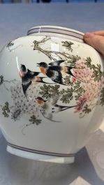 A Chinese famille rose 'Birds among Flowering Branches' eggshell lantern on stand, signed Yuan Qing 元清, dated 1987
