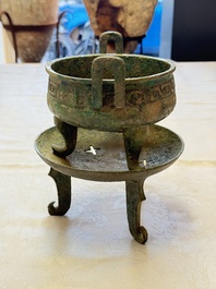 An inscribed Chinese archaic bronze food vessel and stand, You Pan Ding 有盤鼎, Western Zhou