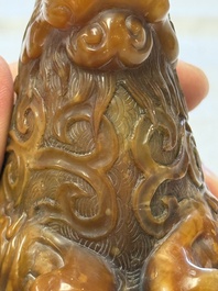A Chinese precious-stone-inlaid carved soapstone wine vessel on stand, Gong 觥, Republic