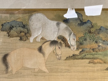 Chinese school: 'Bathing Horses 浴馬圖', ink and colour on silk, 19th C.