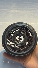 A Chinese blue and white 'Three Friends of Winter' jar with an openworked wooden cover, Transitional period