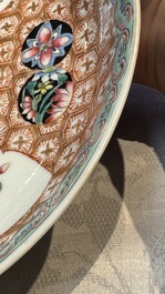 A Chinese qianjiang cai dish and a plate, two famille rose plates and a saucer, Chenghua, Yongzheng and Guangxu marks, 19th C.