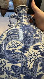 A Chinese blue and white moonflask vase with dragons, 'bianhu', Qianlong mark, Republic