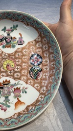 A Chinese qianjiang cai dish and a plate, two famille rose plates and a saucer, Chenghua, Yongzheng and Guangxu marks, 19th C.
