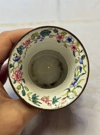 A Chinese Canton enamel 'Prunus on Cracked Ice' spittoon and two snuff dishes, 19th C.