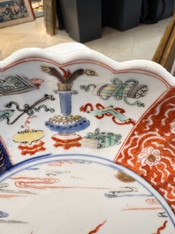 A pair of Chinese famille verte 'Sea Creatures' lobed plates, Kangxi
