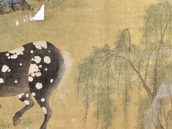 Chinese school: 'Bathing Horses 浴馬圖', ink and colour on silk, 19th C.