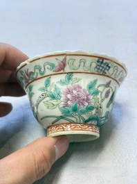 Five Chinese famille rose 'Phoenix and Peony' cups and three saucers for the Peranakan market, Qianlong, Guangxu and Zhou Shunxing 周順興 marks, Republic