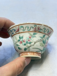 Five Chinese famille rose 'Phoenix and Peony' cups and three saucers for the Peranakan market, Qianlong, Guangxu and Zhou Shunxing 周順興 marks, Republic