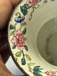 A Chinese Canton enamel 'Prunus on Cracked Ice' spittoon and two snuff dishes, 19th C.
