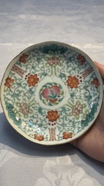 A Chinese qianjiang cai dish and a plate, two famille rose plates and a saucer, Chenghua, Yongzheng and Guangxu marks, 19th C.