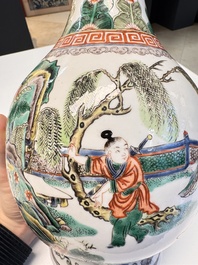 A pair of Chinese famille verte vases with narrative design, 19th C.