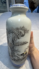 A Chinese polychrome-decorated 'Winter Landscape' vase, signed He Xuren 何許人 and with seal mark, dated 1934