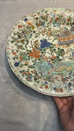 A large Chinese famille verte 'Pavilion with Birds among Flowering Branches' dish, Kangxi