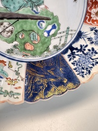 A rare pair of Chinese famille verte lobed plates with elegant ladies, Kangxi