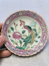 Five Chinese famille rose 'Phoenix and Peony' cups and three saucers for the Peranakan market, Qianlong, Guangxu and Zhou Shunxing 周順興 marks, Republic