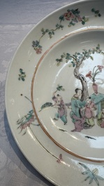 A Chinese qianjiang cai dish and a plate, two famille rose plates and a saucer, Chenghua, Yongzheng and Guangxu marks, 19th C.