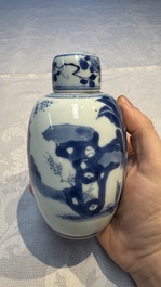 A Chinese blue and white 'Long Eliza' tea caddy and cover, Chenghua mark, Kangxi