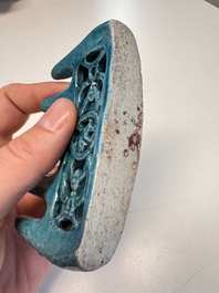 Three Chinese verte biscuit and turquoise-glazed brush rests, Kangxi and later