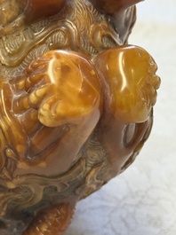 A Chinese precious-stone-inlaid carved soapstone wine vessel on stand, Gong 觥, Republic
