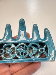 Three Chinese verte biscuit and turquoise-glazed brush rests, Kangxi and later